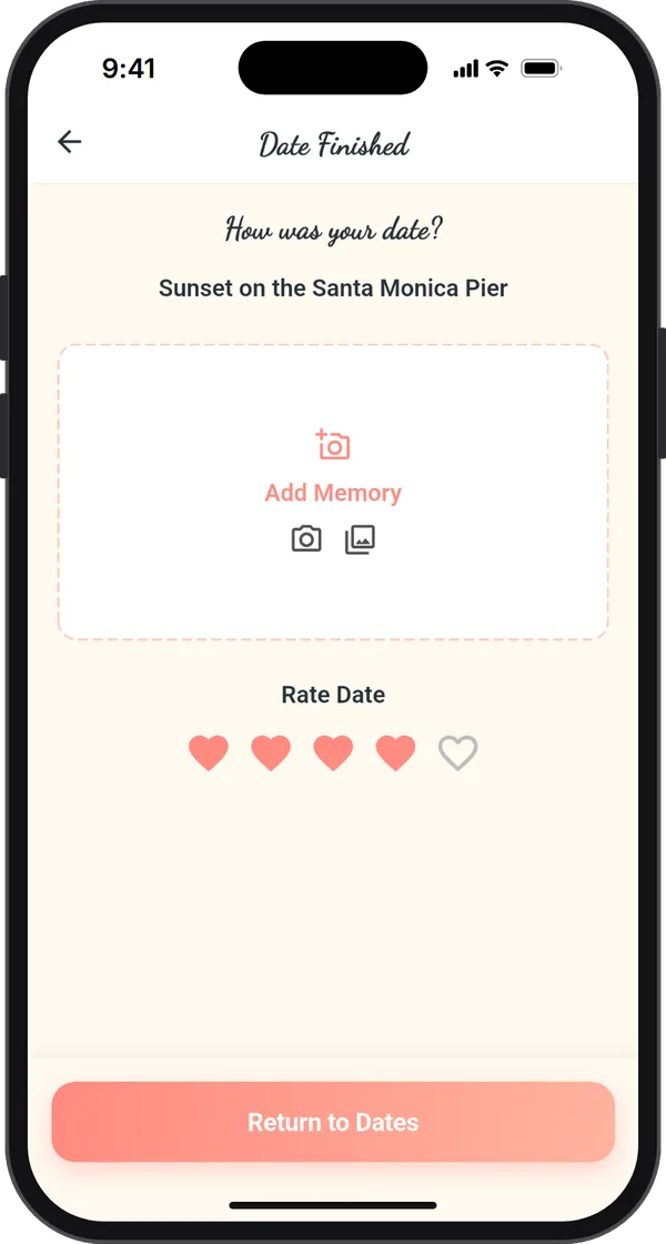 The Date Finished screen: How was your date? with an Add Memory photo box and five hearts to rate it.