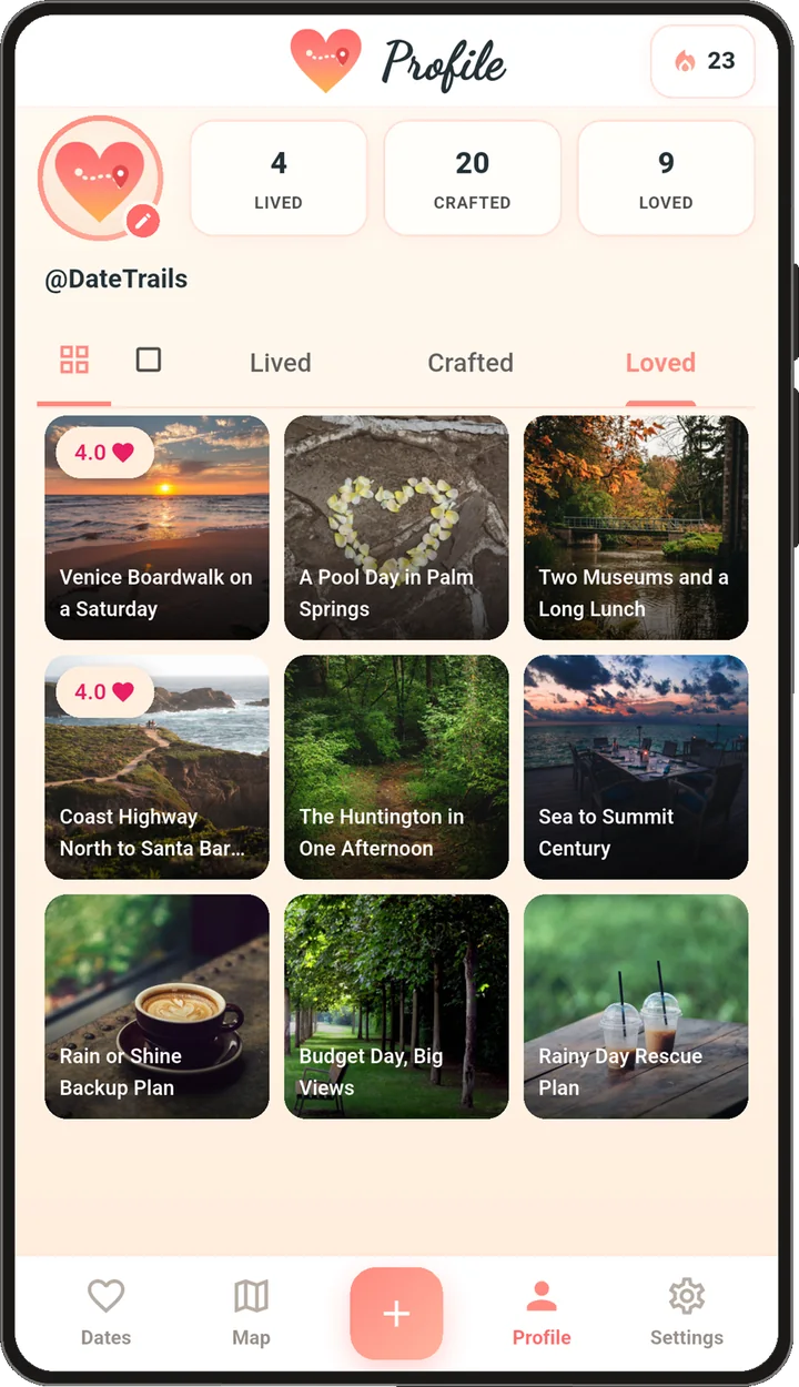 A profile with Lived, Crafted and Loved counts and a grid of saved dates.